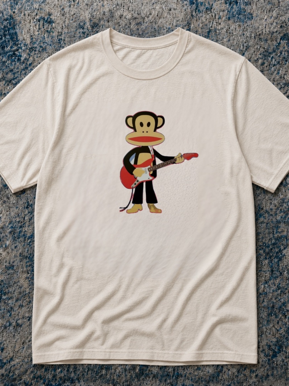 Gildan Off White Graphic Tee with Red Guitar Monkey | Paul Shirt